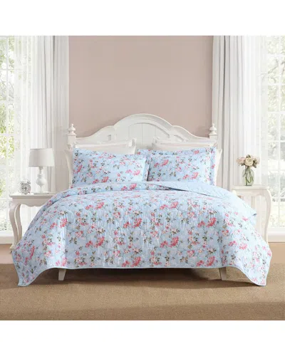 Laura Ashley 136 Thread Count Blissful Dream Cotton Reversible Quilt Set In Blue