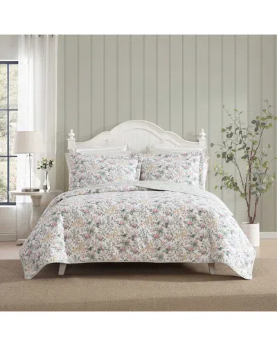 Laura Ashley 136 Thread Count Bramble Floral Cotton Reversible Quilt Set In Gray
