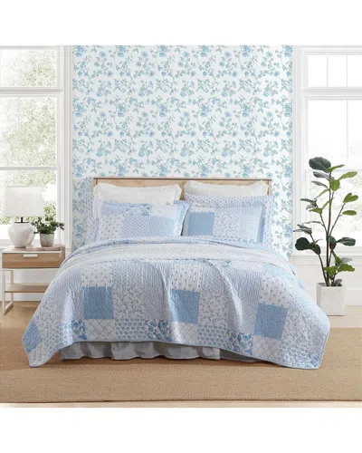 Laura Ashley 136 Thread Count Colleens Coastal Patchwork Reversible Quilt Set In Blue