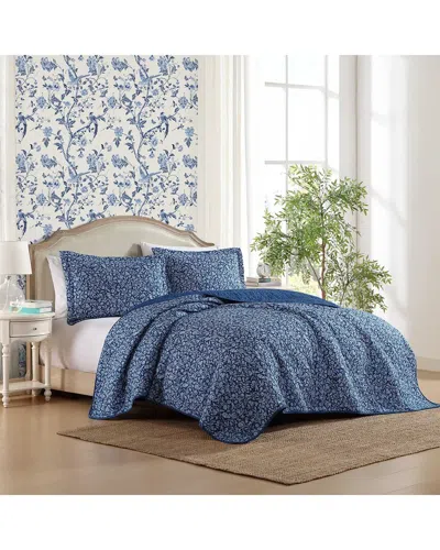 Laura Ashley 136 Thread Count Elaina Cotton Reversible Quilt Set In Blue
