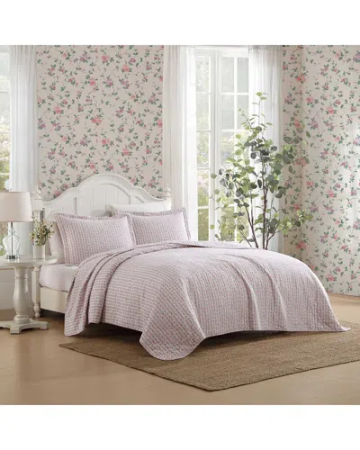 Laura Ashley 136 Thread Count Marta Stripe Reversible Quilt Set In Pink