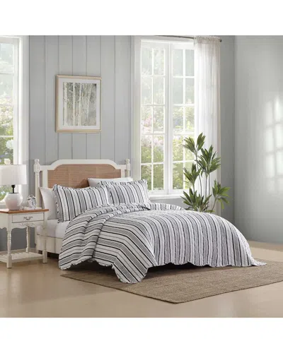 Laura Ashley 136 Thread Count Stripe Perfection Cotton Reversible Quilt Set In Gray
