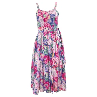 Pre-owned Laura Ashley 1980s  Pink + Purple Floral Cotton Vintage 80s Sleeveless Dress Xs