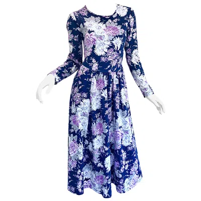 Pre-owned Laura Ashley 1990s  Navy Blue + Purple Long Sleeve Cotton Vintage 90s Midi Dress