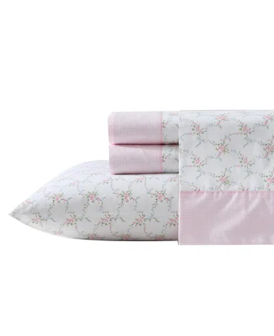 Laura Ashley 200-thread Count Cotton Percale 4 -pc. Sheet Set, Queen In Lynda Printed Hem