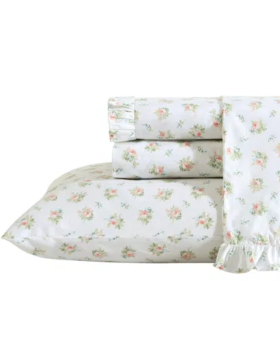 Laura Ashley 200-thread Count Cotton Percale 4 -pc. Sheet Set, Queen In Roseford Ruffled Hem