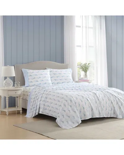 Laura Ashley 200 Thread Count Floral Ribbon Cotton Percale Sheet Set In White