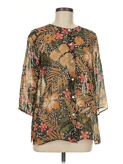 Pre-owned Laura Ashley 3/4 Sleeve Silk Top Brown Mock Neckline Tops