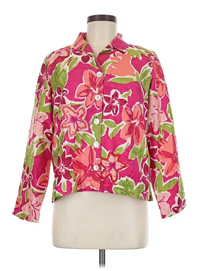 Pre-owned Laura Ashley 3/4 Sleeve Silk Top Pink Floral Pattern Collared Neckline Tops