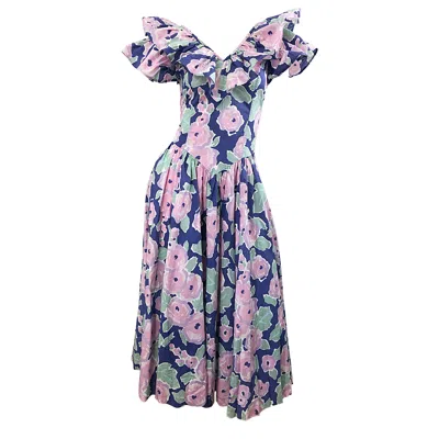 Pre-owned Laura Ashley Batsheva 80s Sz 6 Purple Pink Avant Garde Vintage Floral Midi Dress