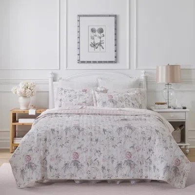 Laura Ashley Breezy Floral Cotton Reversible Quilt Set In Pink,gray