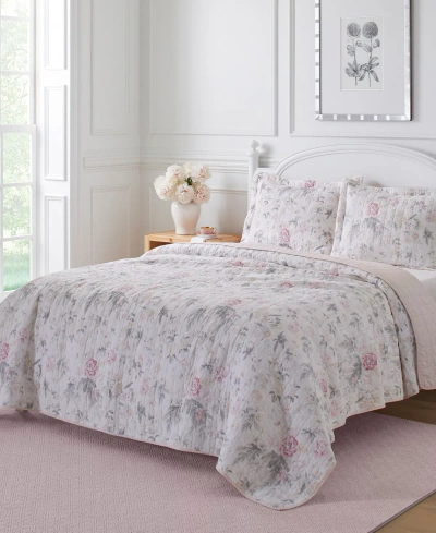 Laura Ashley Breezy Floral Reversible 3 Piece Quilt Set, King In Pastel Grey