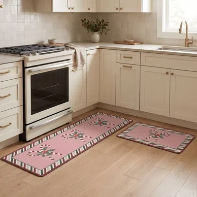 Laura Ashley Candy Cane Peppermint Border Kitchen Mat Set In Pink