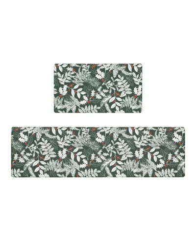 Laura Ashley Christmas Holly Leaves Non-slip 2-piece Kitchen Mat In Green