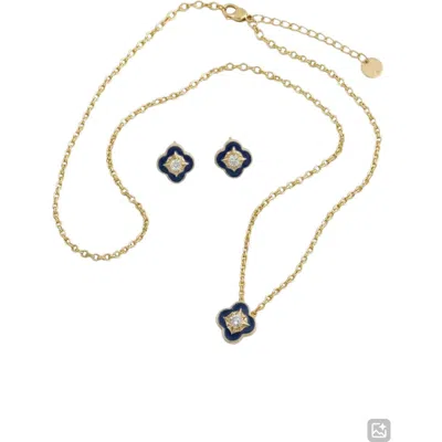 Laura Ashley Clover Stud Earrings & Pendant Necklace Set In Navy/ Gold