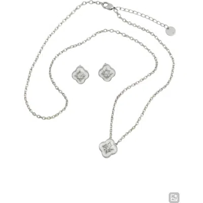 Laura Ashley Clover Stud Earrings & Pendant Necklace Set In White/ Silver