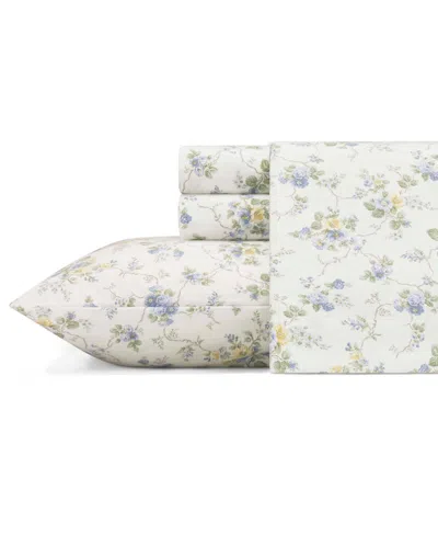 Laura Ashley Cotton Flannel 3 Piece Sheet Set, Twin In Le Fleur Blue