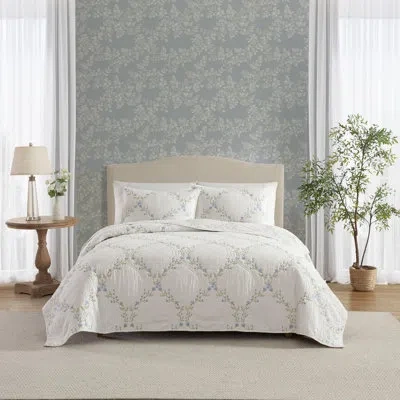 Laura Ashley Floral Embroidery Cotton Reversible Quilt Set In Blue Floral