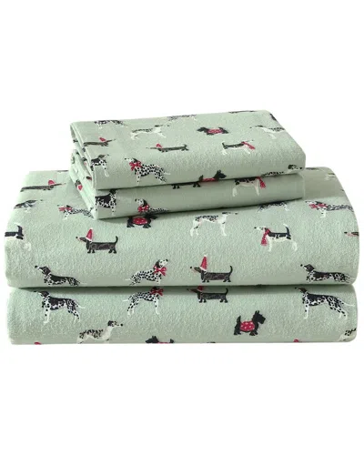 Laura Ashley Holiday Pups Flannel Sheet Set In Green