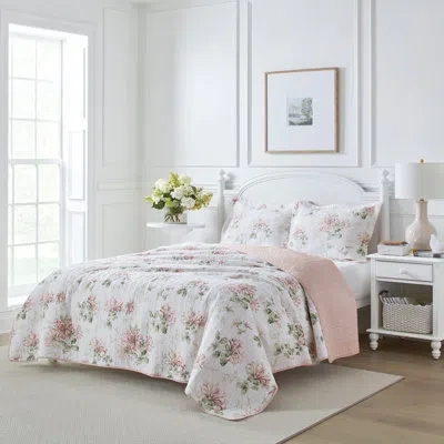 Laura Ashley Honeysuckle Cotton Reversible Pink Quilt Set In White,blush Pink