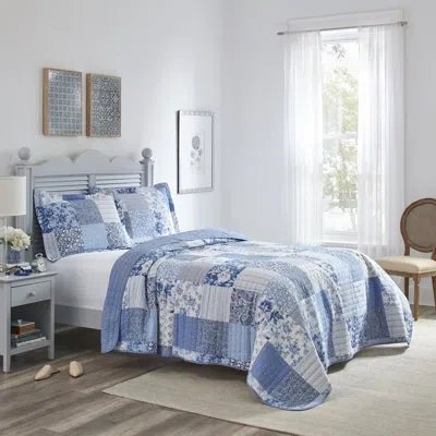Laura Ashley Honeysuckle Reversible Cotton Patchwork Quilt Set In Blue;white
