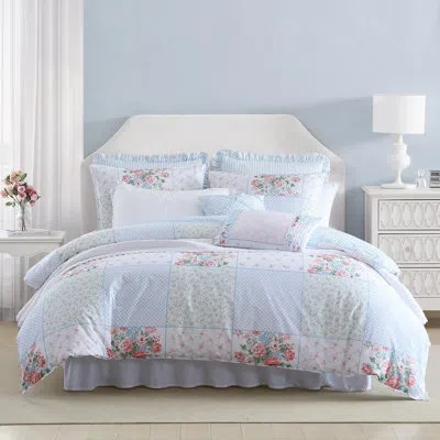 Laura Ashley Hope Patchwork Blue Cotton Reversible Comforter Set In Blue;pink