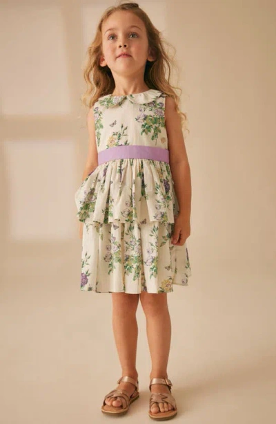 Laura Ashley Kids' Floral Tiered Cotton Dress In Cream / Purple