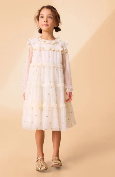 Laura Ashley Kids' Sequin Long Sleeve Mesh Party Dress In Ivory
