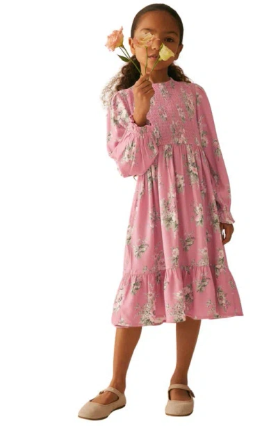 Laura Ashley Kids' Smocked Long Sleeve Midi Dress In Pink Floral