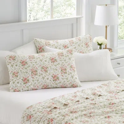 Laura Ashley Marissa 200 Thread Count Floral 100% Cotton Percale Sheet Set In Jaynie Ticking Stripe Pink
