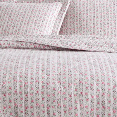 Laura Ashley Marta Floral Stripe 3-piece Queen Quilt & Sham Set In Pink