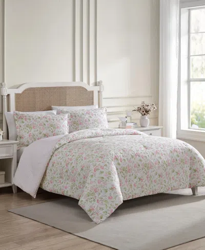 Laura Ashley Morning Gloria Reversible 3 Piece Comforter Set, Full/queen In Pretty Pink,green