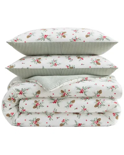 Laura Ashley Pinecone Berries Cotton Flannel Comforter Set In White
