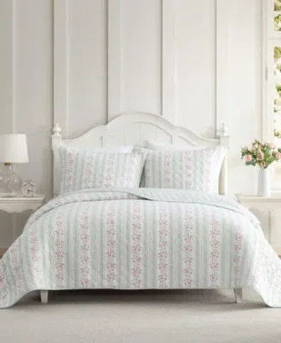 Laura Ashley Rosebud Stripe Reversible Quilt Sets In Green
