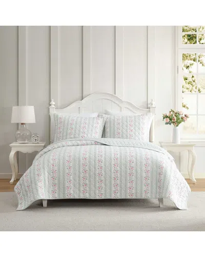 Laura Ashley Rosebud Stripe/whitaker Vine Cotton Percale Quilt Set In Blue