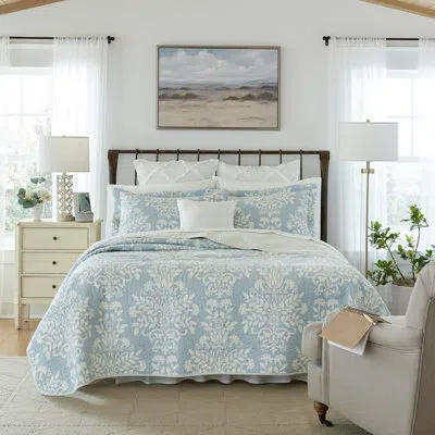 Laura Ashley Rowland Cotton Reversible Quilt Set In Light Blue
