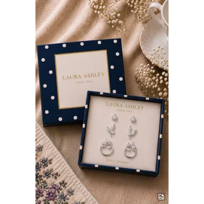Laura Ashley Set Of 3 Cubic Zirconia Leaf Stud Earrings In Clear/ Silver