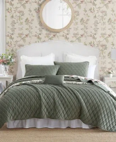 Laura Ashley Solid Diamond Stitch Velvet Quilt Set In Dark Green