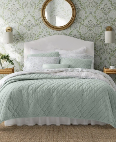 Laura Ashley Solid Velvet Diamond Stitch 4 Piece Quilt Set, King In Sage Leaf