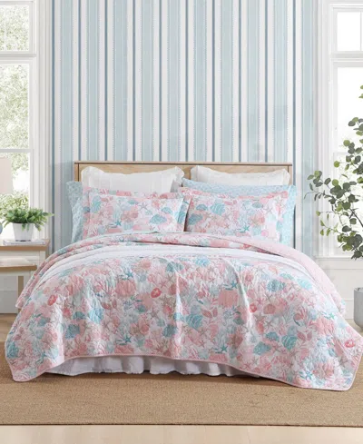 Laura Ashley Swimtime Reversible 3 Piece Quilt Set, King In White,coral,aqua
