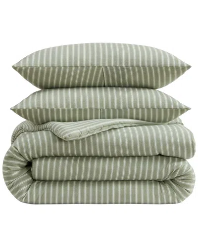 Laura Ashley Tonias Ticking Stripe Cotton Flannel Comforter Set In Green