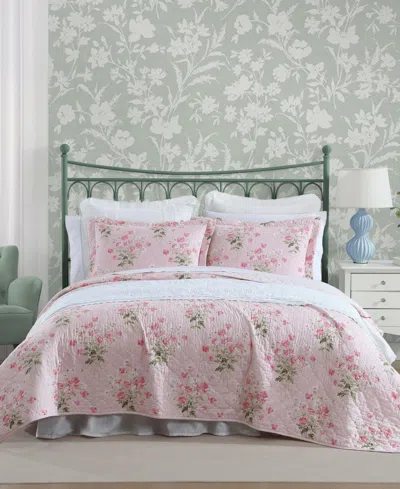 Laura Ashley Veronicas Bouquet Reversible 3 Piece Quilt Set, King In Pink,white