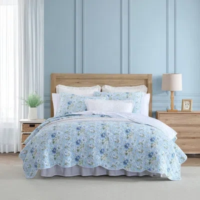 Laura Ashley Victoria Floral Reversible Cotton Quilt Set In Blue