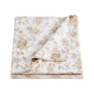 Laura Ashley Walled Garden Plush Reversible Brown Throw Blanket In White