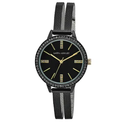 Pre-owned Laura Ashley Womens 32mm Crystal Bezel Sunray Dial Split Mesh Band Watch In Black