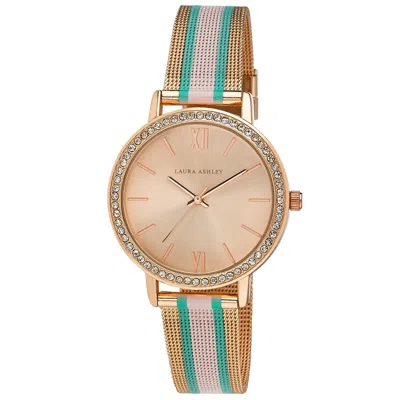 Pre-owned Laura Ashley Womens 36mm Crystal Bezel Striped Rugby Mesh Strap Watch In Green