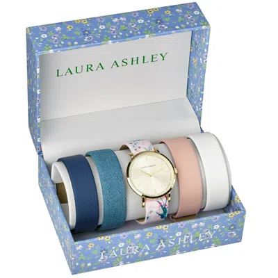 Pre-owned Laura Ashley Womens Mirror Dial Floral Strap Watch Set 4 Interchangeable Straps In Gold