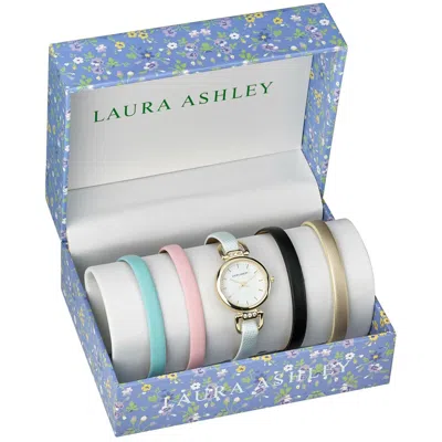 Pre-owned Laura Ashley Womens Skinny Strap Heirloom Watch Set W 4 Interchangeable Straps In Gold