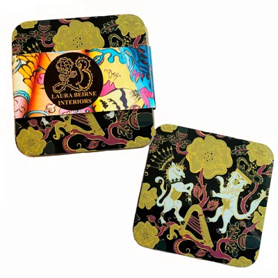 Laura B Interiors Gold Set Of 6 Unicorn & Lion Coasters In Multi