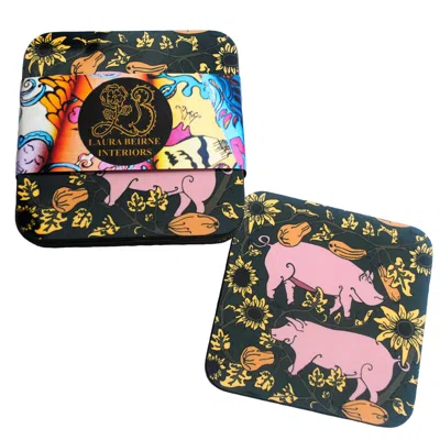 Laura B Interiors Green Set Of 6 The Jewel Country Pig Coasters In Animal Print